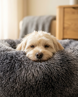 Calm dog resting chin on the Belveda grey calming bed bolster
