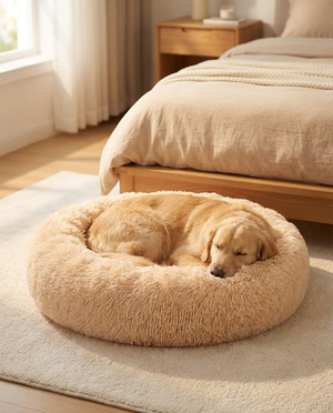 Dog asleep in beige Belveda calming bed in a bedroom